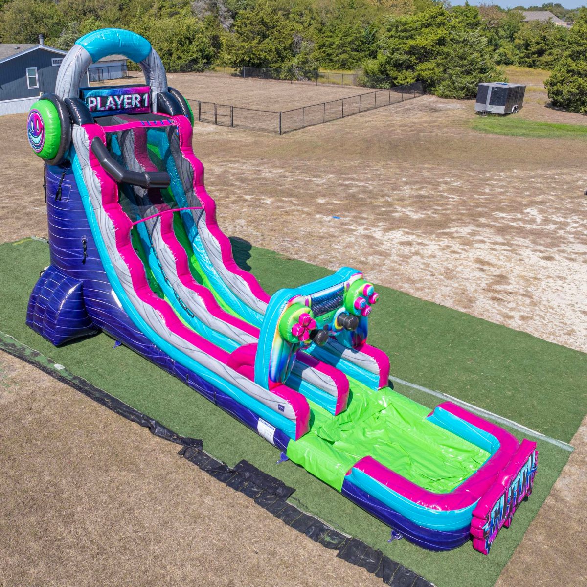 Another view of the 22′ Glitch Rush Single Lane Gamer Water Slide party rental
