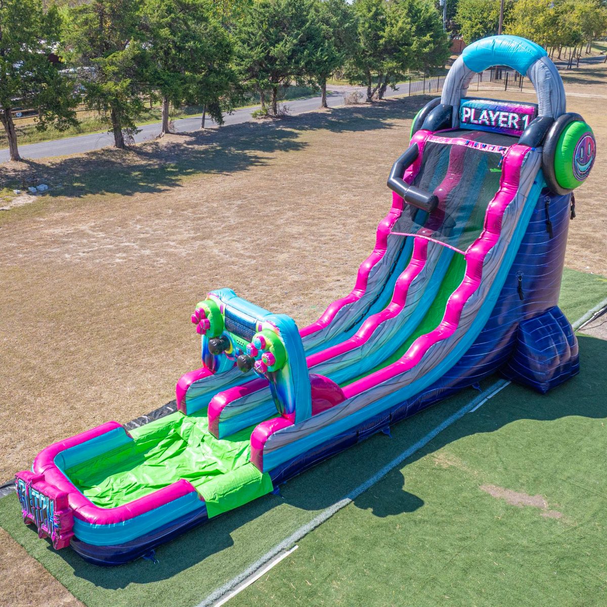 22′ Glitch Rush Single Lane Gamer Water Slide delivered and set up by InflatableTX