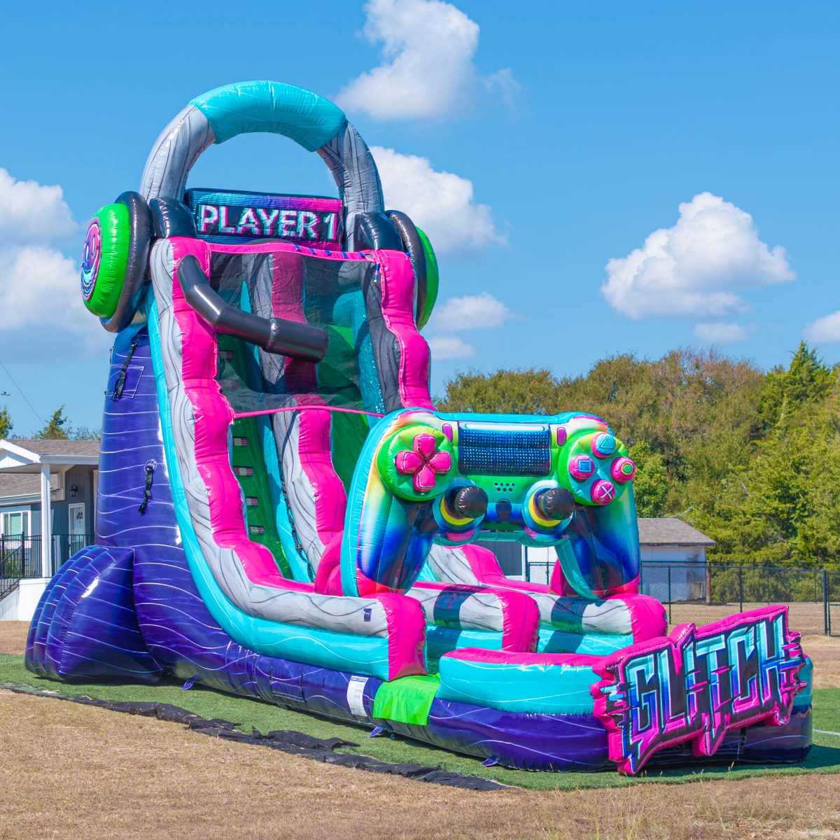 Side view of the 22′ Glitch Rush Single Lane Gamer Water Slide inflatable rental