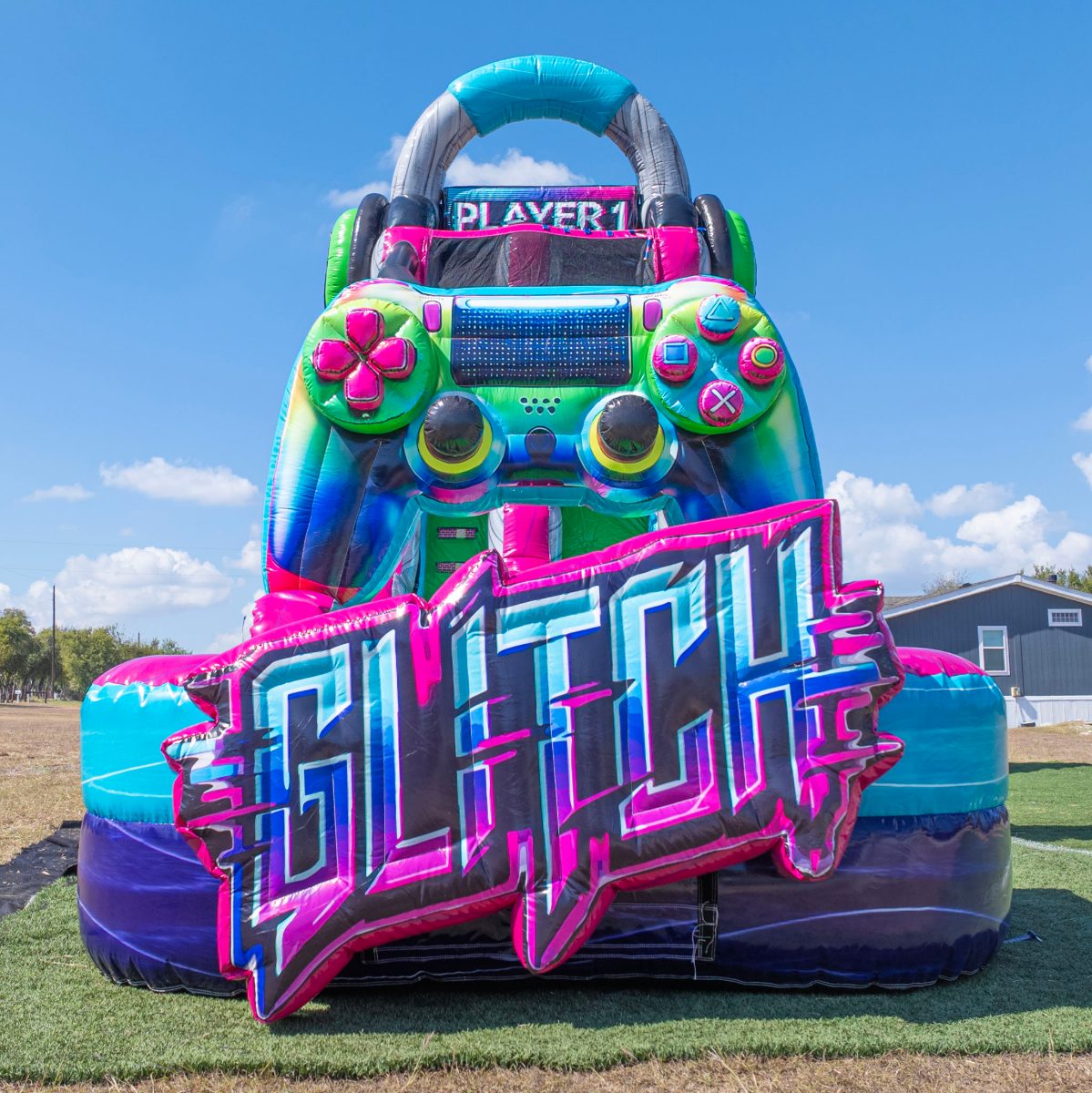 22′ Glitch Rush Single Lane Gamer Water Slide set up in a backyard in The Colony, Texas