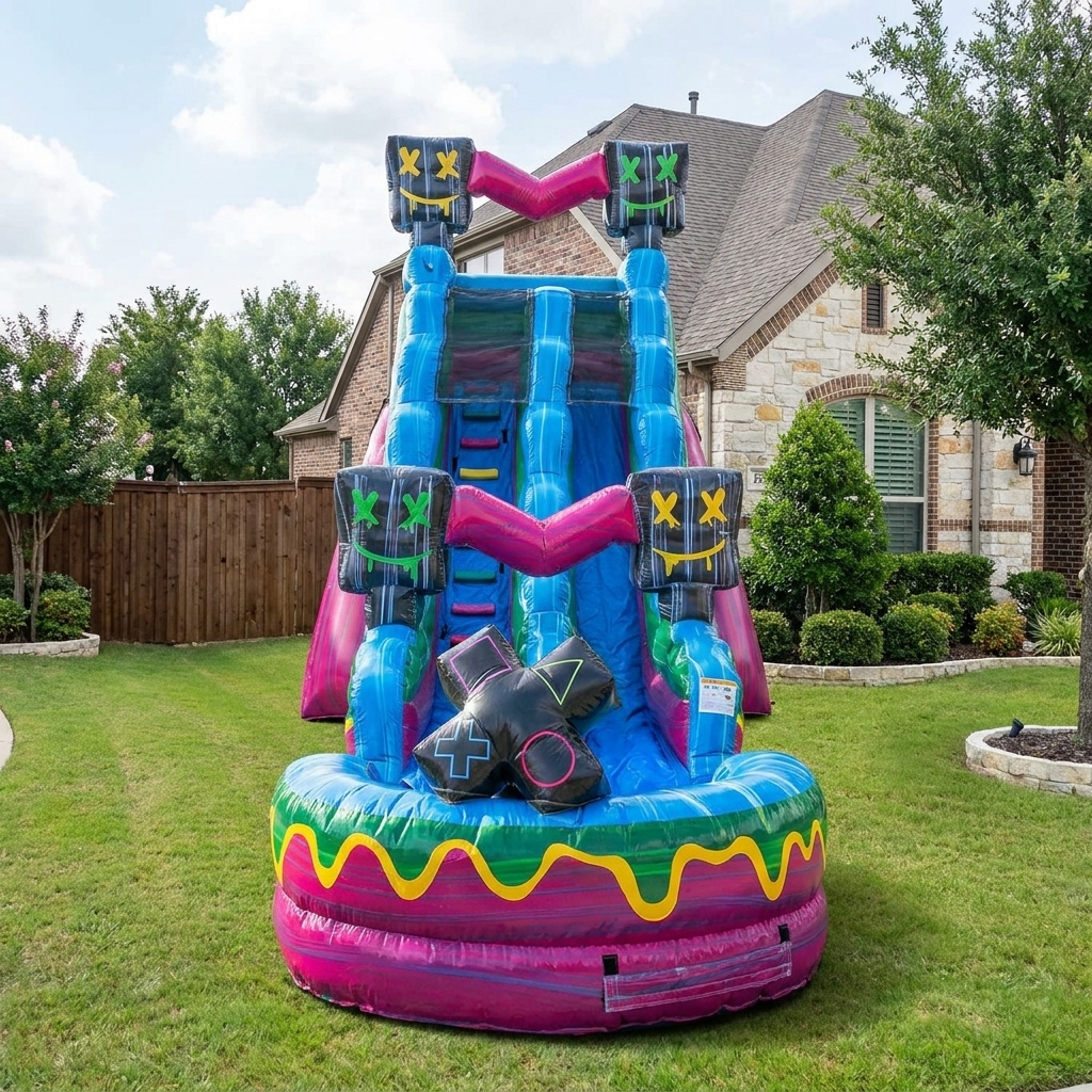Squid Games Blitz 19′ Single Lane Water Slide set up in a backyard in The Colony, Texas