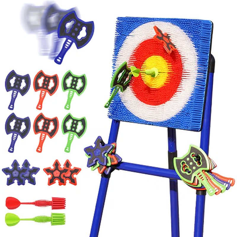 Backyard axe throwing game - bristle target on adjustable stand with 6 soft axes, 4 star darts and 2 darts