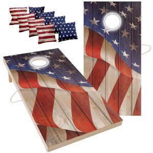 Regulation 2x4 wood cornhole boards with LED-lit holes, flag design, 8 bags